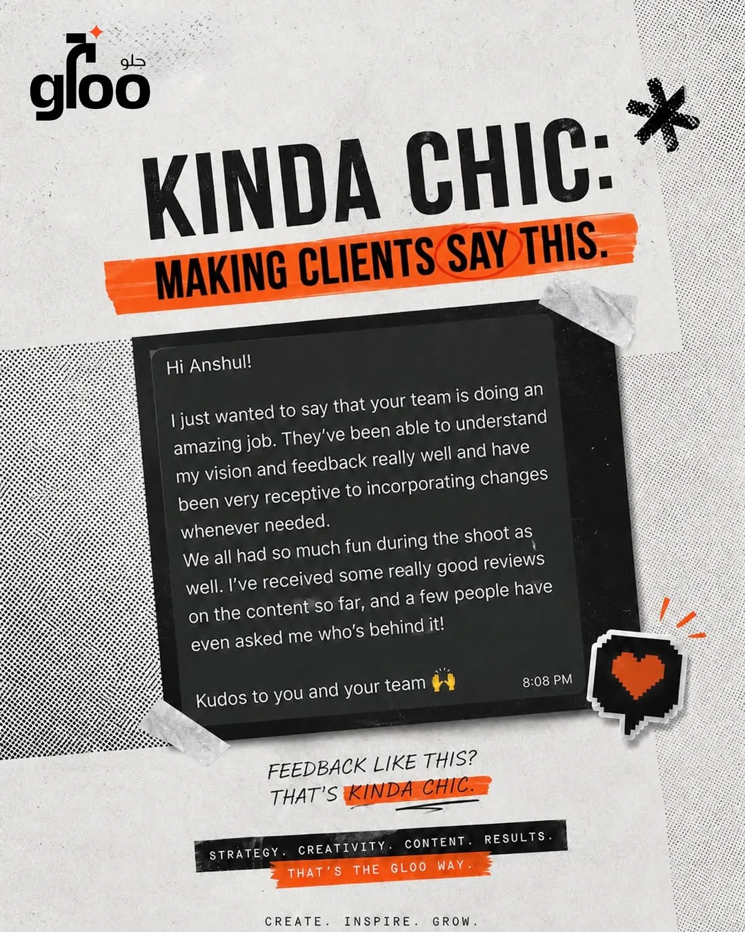 Gloo "Kinda chic" poster with a client thank-you note taped on in orange