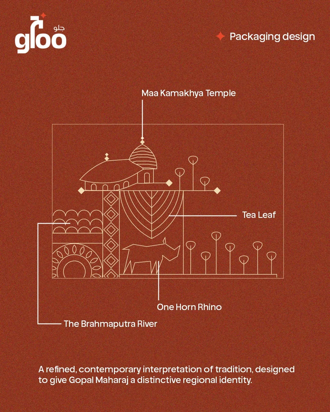 Early Gloo craft: a gold line illustration of Assam landmarks drawn for a heritage sweets brand