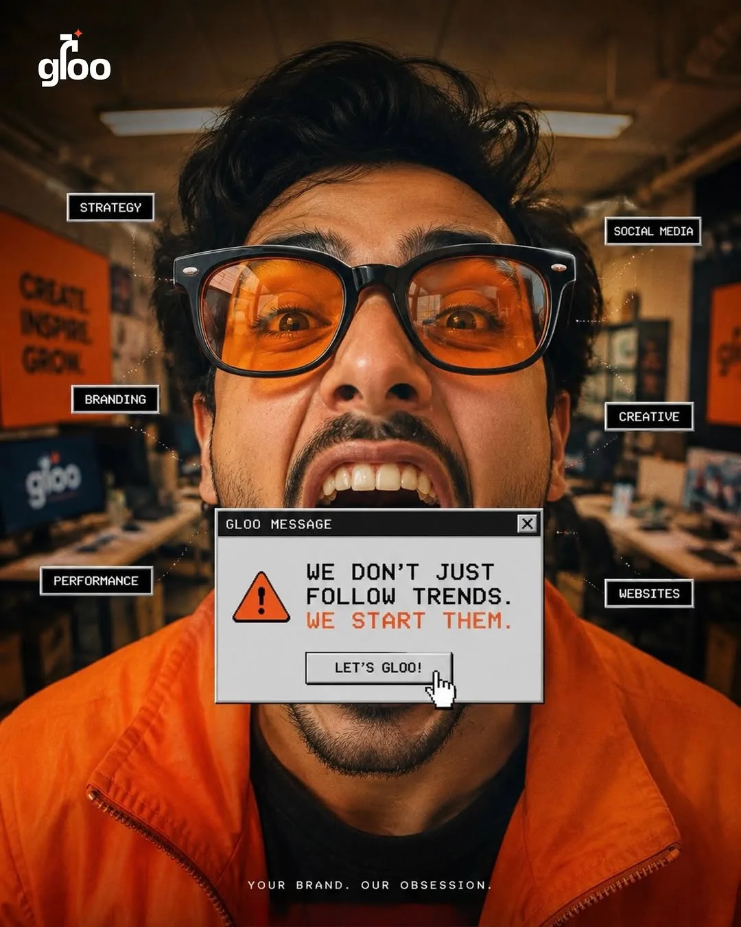 thegloo.in creative agency campaign: "We start trends" with orange sunglasses