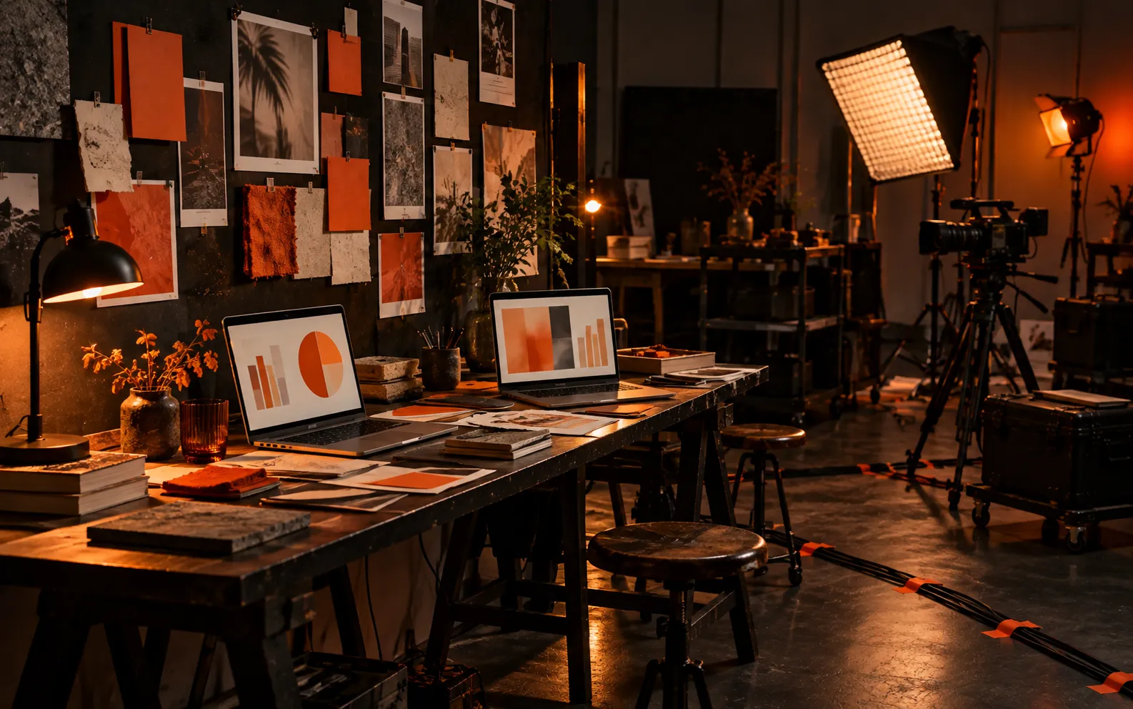 Behind-the-scenes view of a Dubai digital marketing agency studio with laptops, a pinned moodboard wall and camera gear
