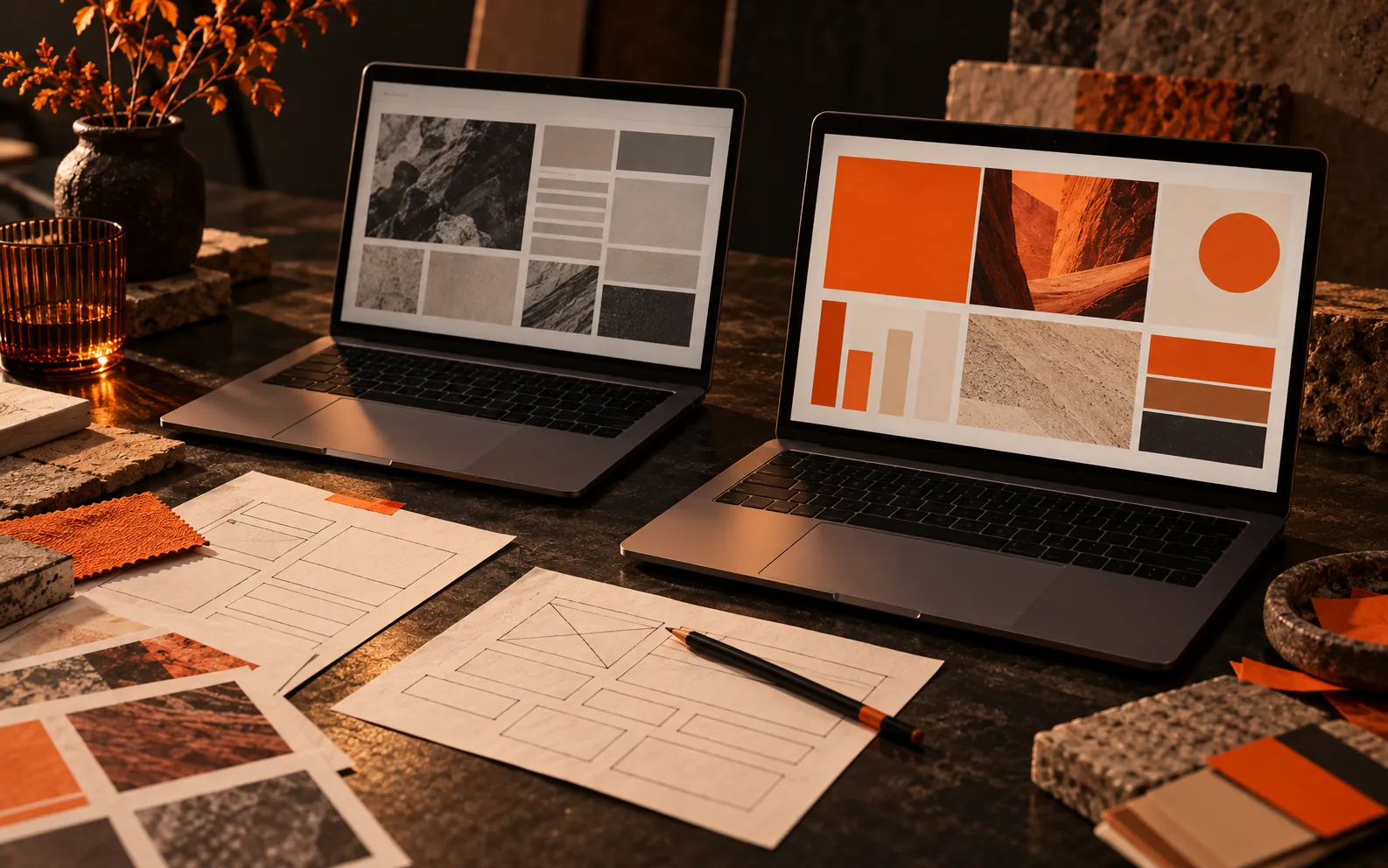 Two laptops comparing a cluttered old website layout with a clean redesigned one, illustrating website redesign decisions in Dubai