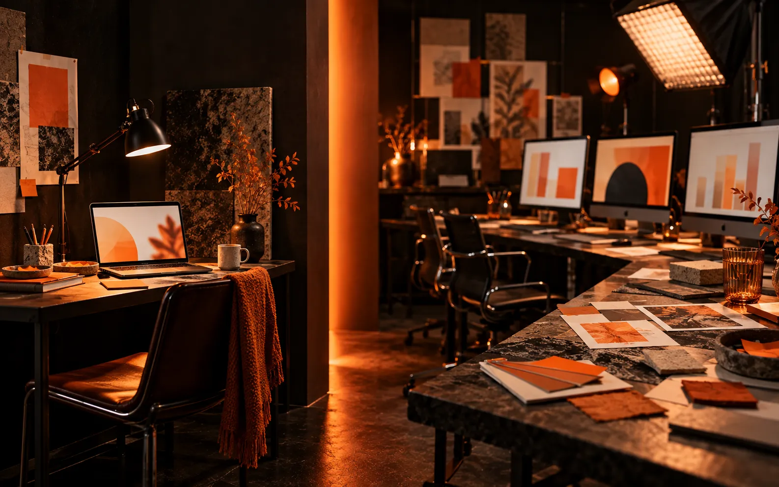 A solitary freelancer desk beside a busy agency table, comparing a freelance marketer with a digital marketing agency in Dubai