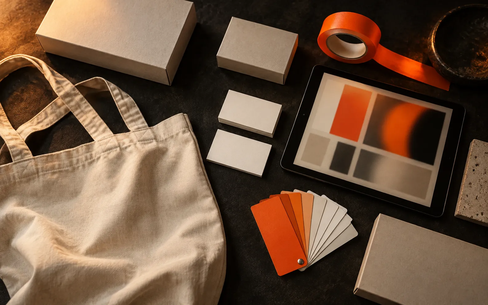 Flat lay of brand identity pieces, packaging and colour swatches made by a creative and digital marketing agency in Dubai