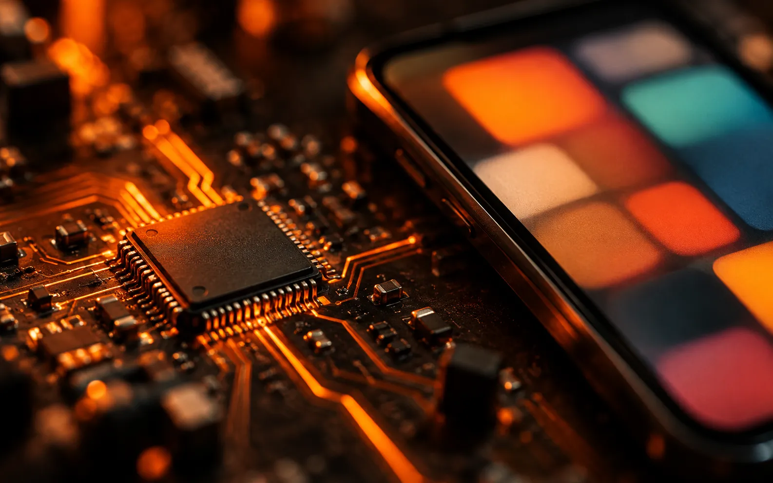 Glowing AI microchip beside a phone showing a social feed, representing AI tools for social media marketing in Dubai and the UAE