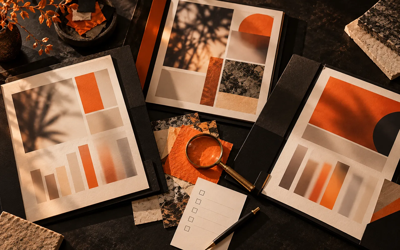Portfolio folders and a magnifying glass on a desk, representing how to choose a digital marketing agency in Dubai
