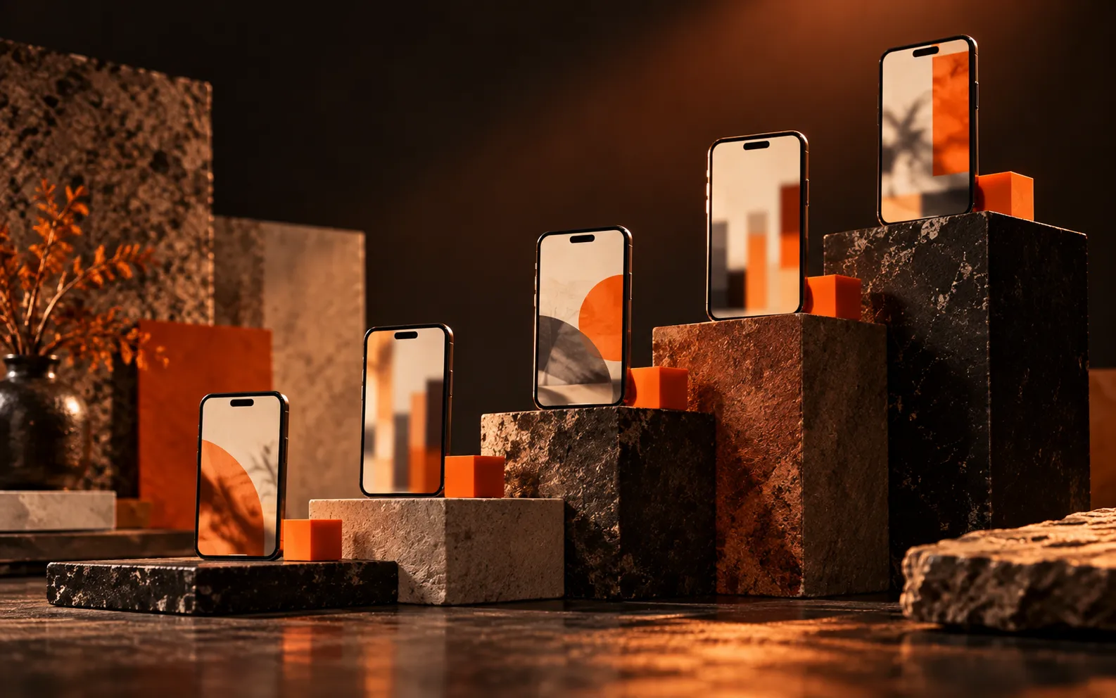 Stacked phones and orange blocks rising like steps, representing business growth on social media in Dubai