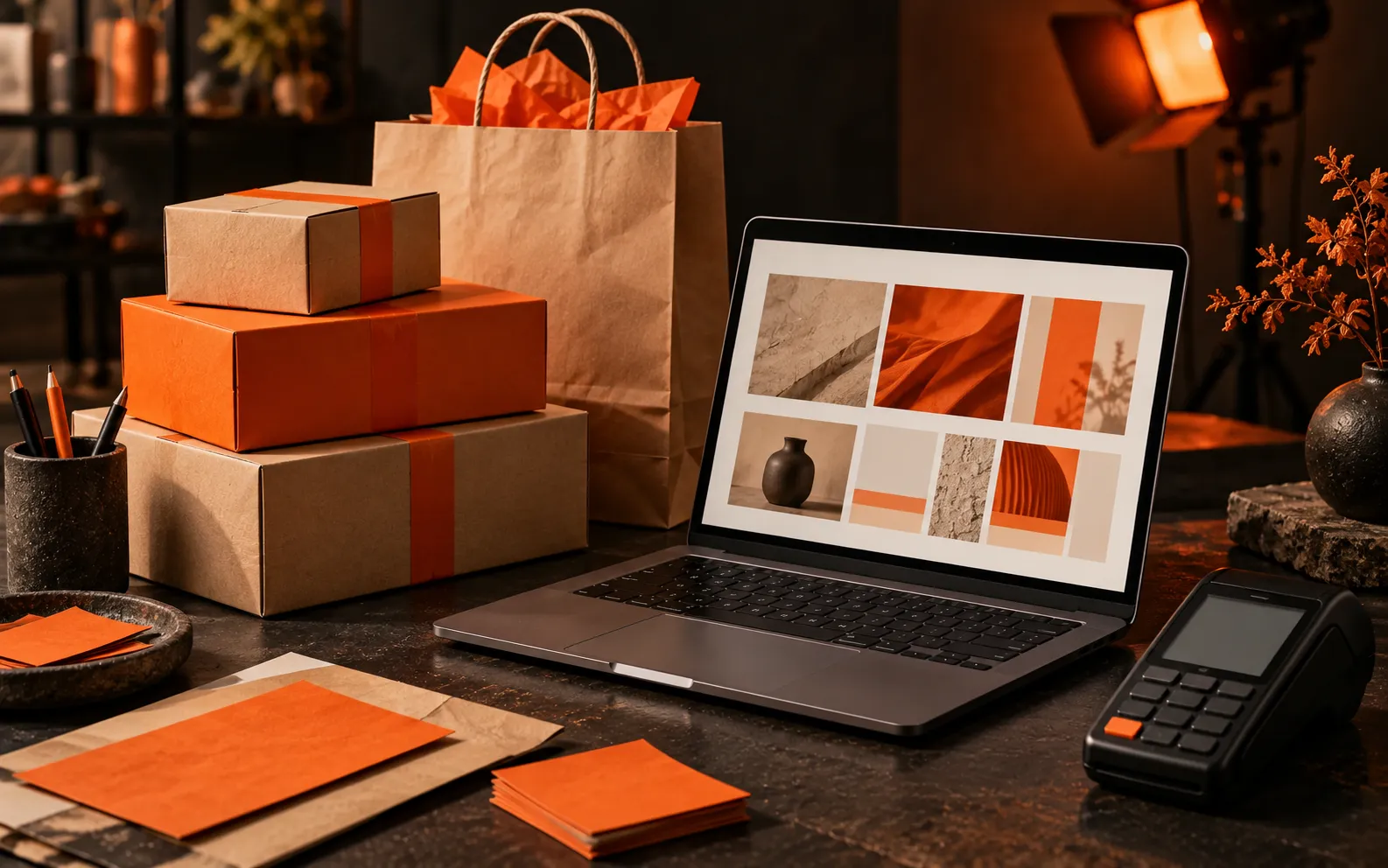Product boxes and a shopping bag beside a laptop with an online store layout, illustrating an ecommerce website redesign in Dubai