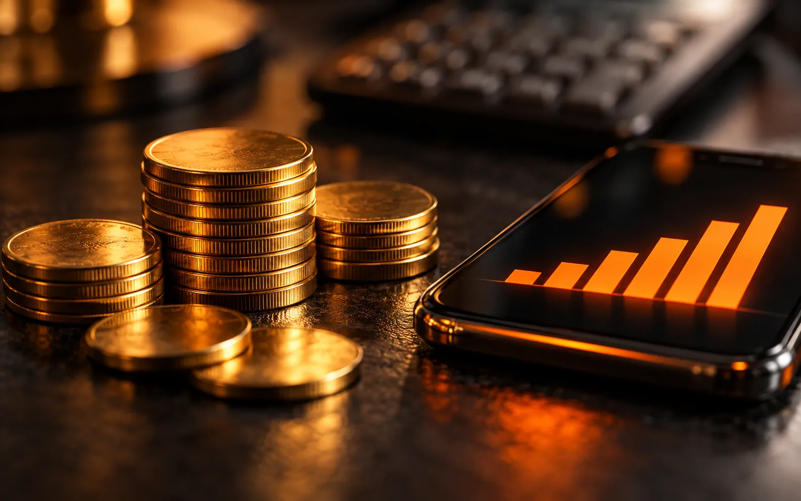 Gold coins next to a phone showing a rising chart, representing social media return on investment for Dubai businesses