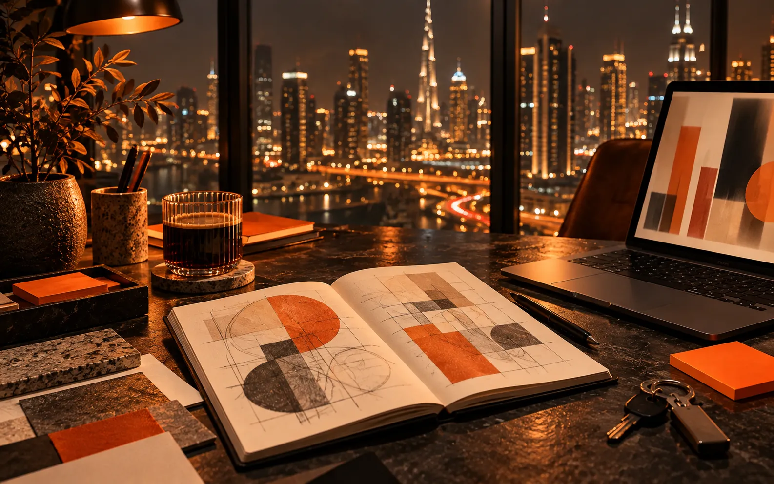 Founder desk at night overlooking the Dubai skyline with sketches, a laptop and office keys, for a startup branding guide