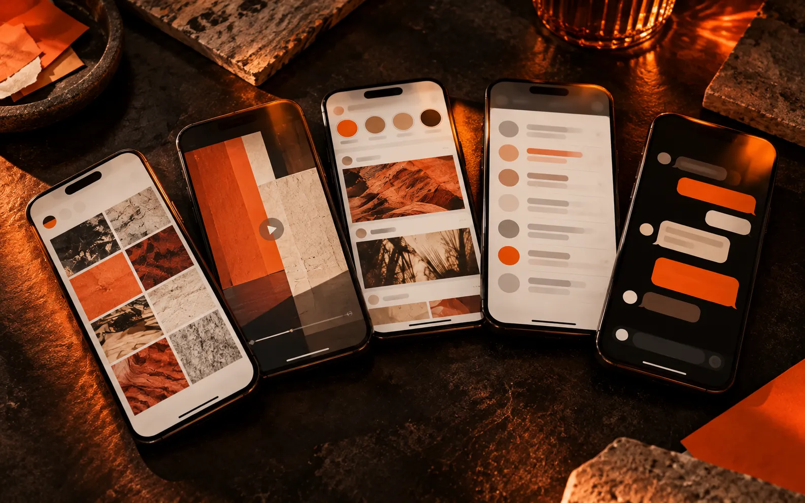 Five phones showing different social media feeds, comparing social platforms for business growth in the UAE