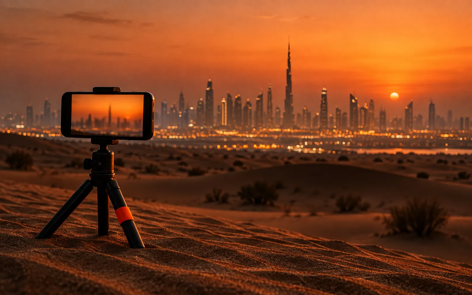Phone on a tripod filming the Dubai skyline from the desert at dusk, representing digital marketing for Dubai tourism
