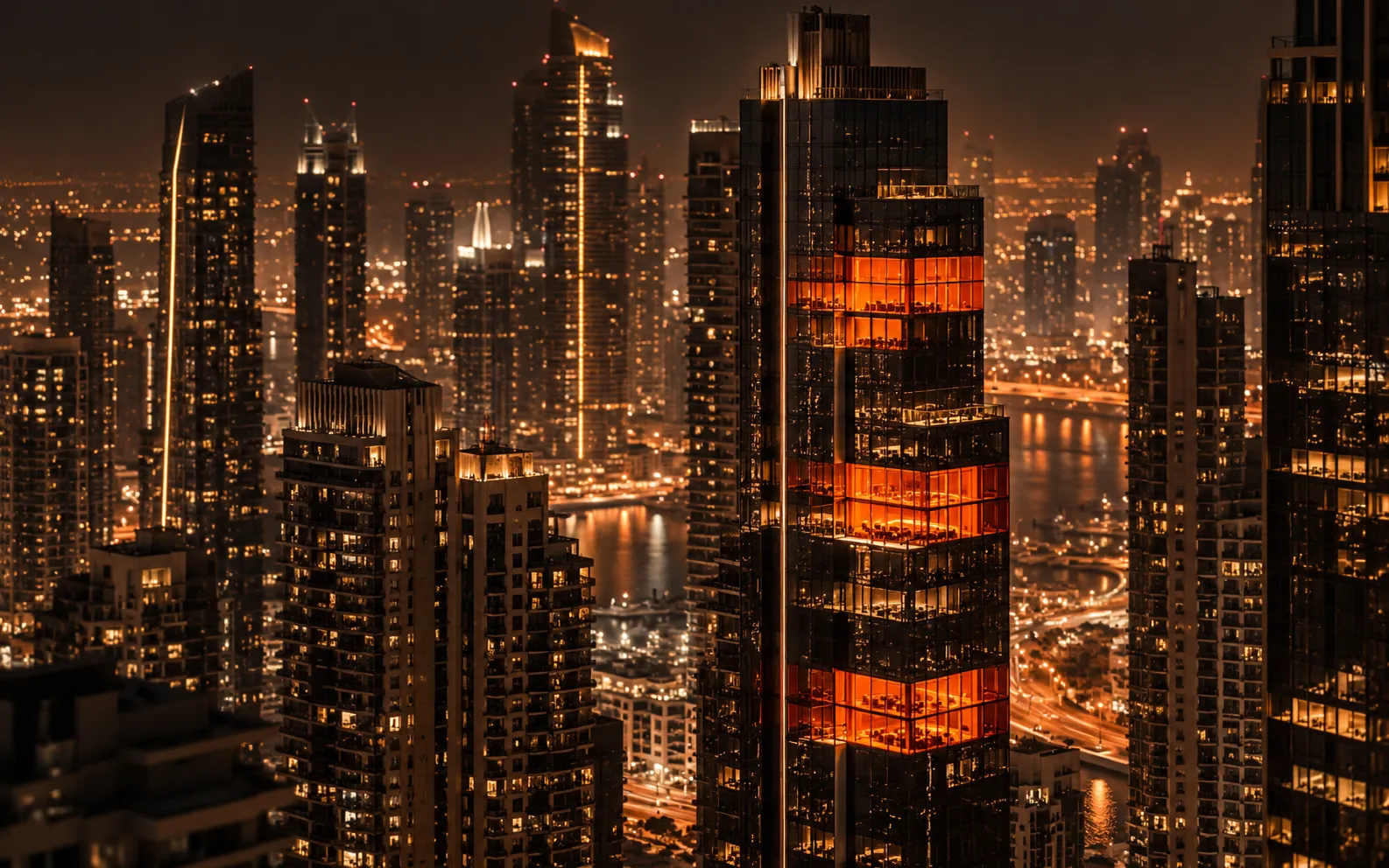 Dubai business district towers at night with one tower glowing orange, representing top digital marketing companies in the UAE