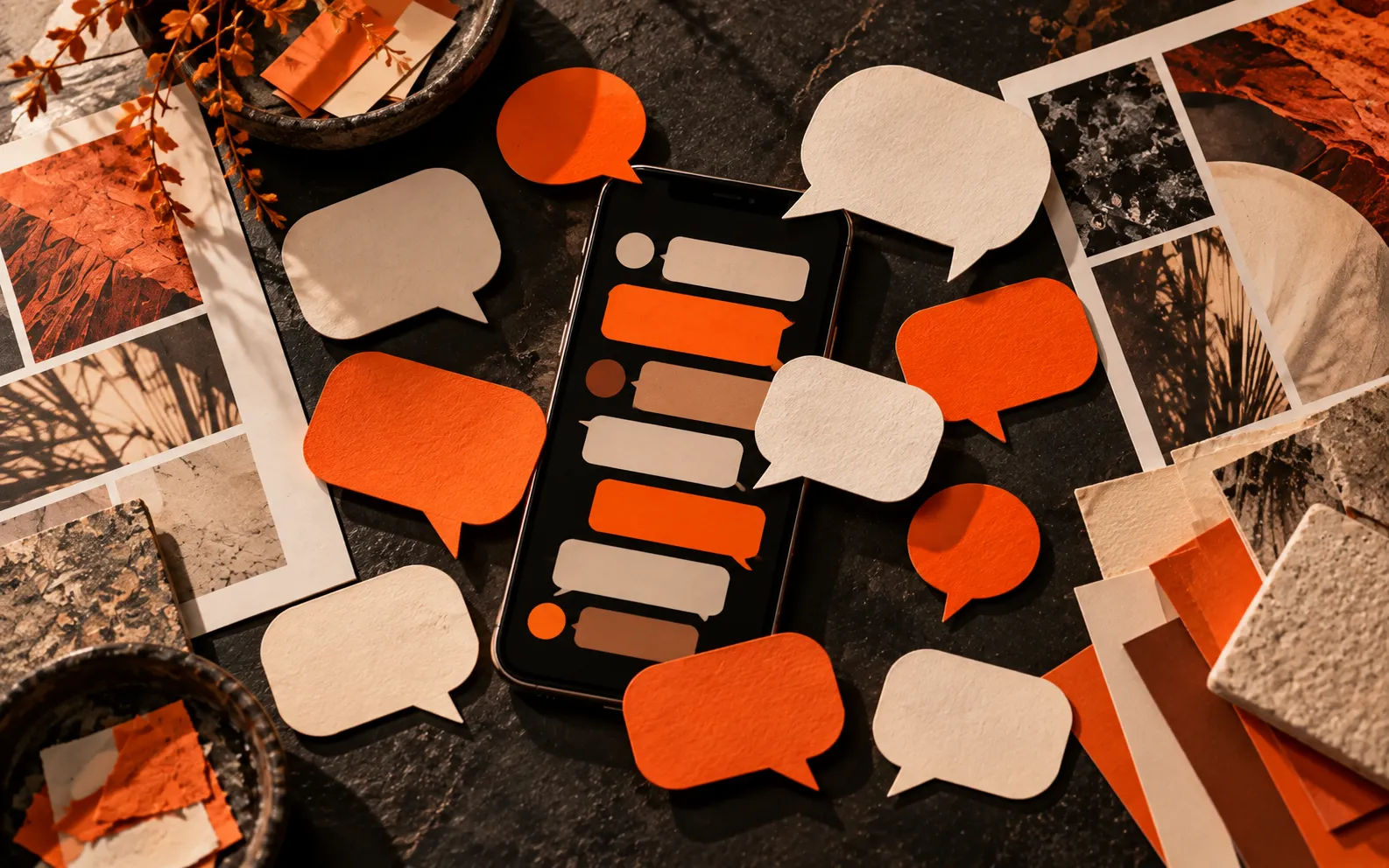 Paper speech bubbles around a smartphone, representing social media optimisation and engagement strategies in Dubai