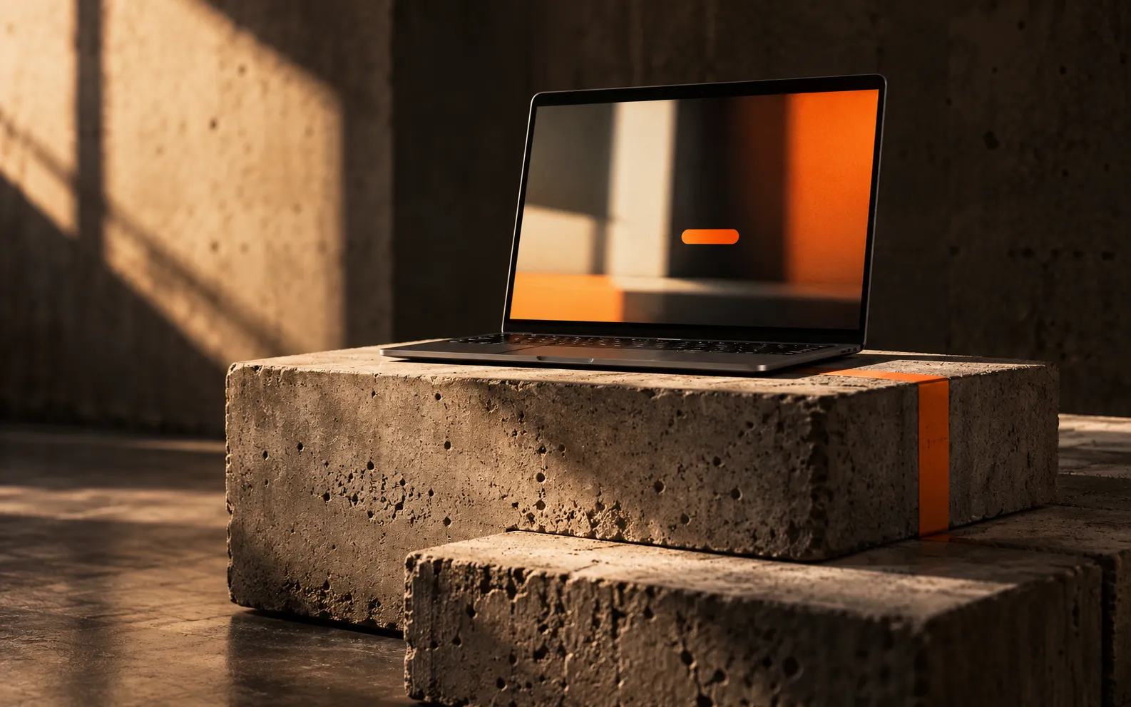 Laptop resting on concrete foundation blocks, showing a high-converting website as the foundation of a brand