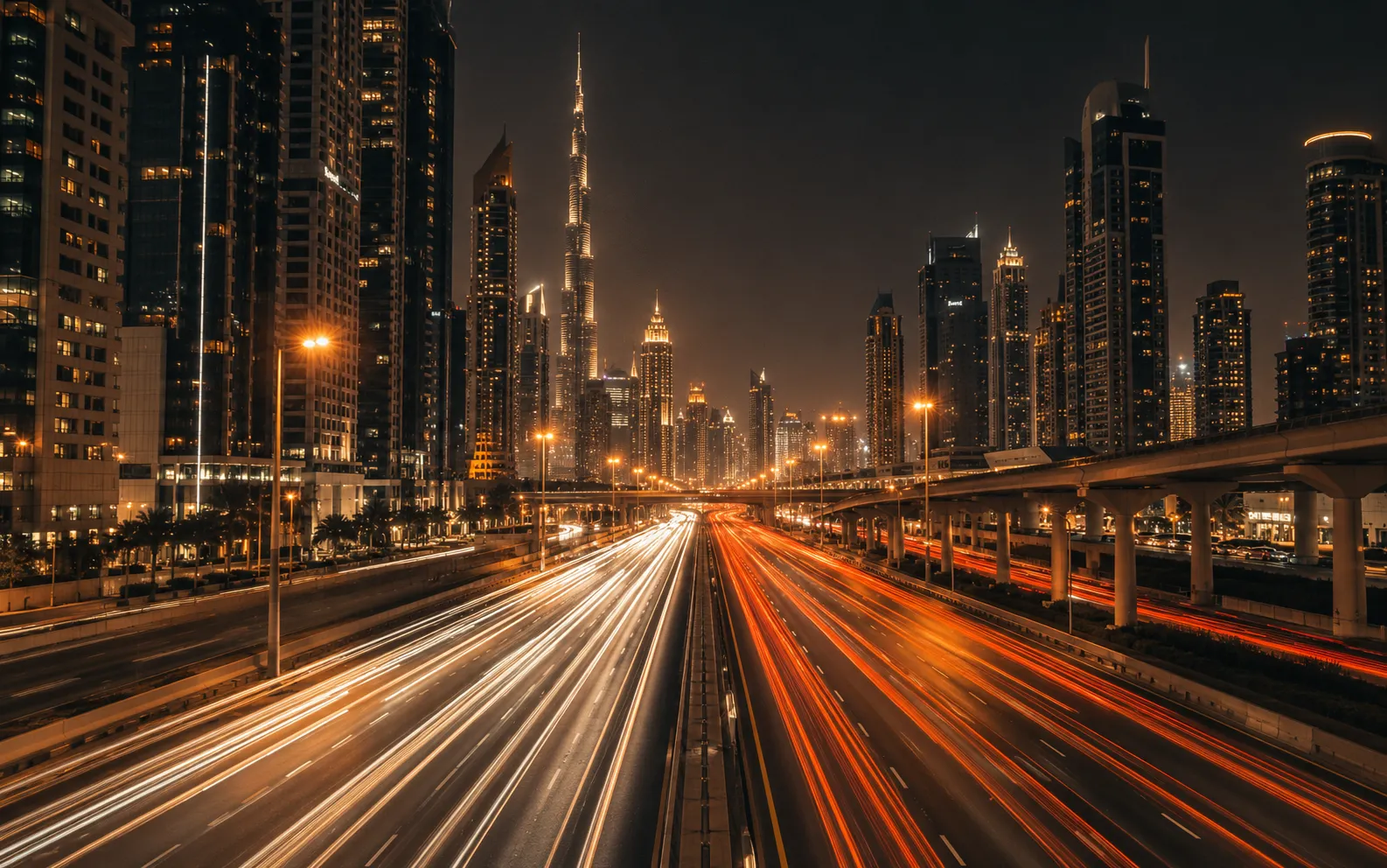 Long exposure light trails on Sheikh Zayed Road at night, representing fast-growing businesses in Dubai