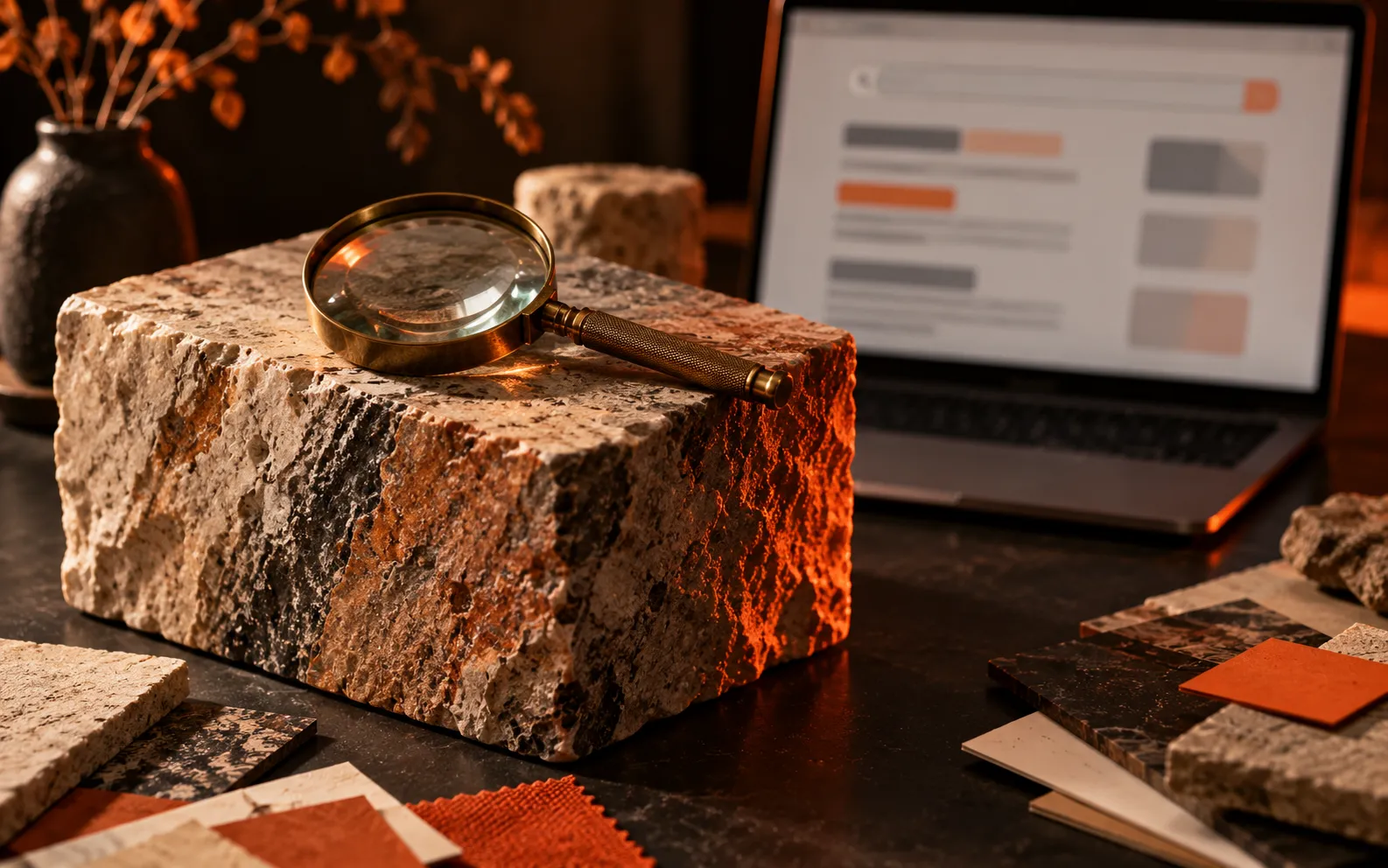 Magnifying glass on a stone cornerstone with search results behind, representing SEO services in Dubai