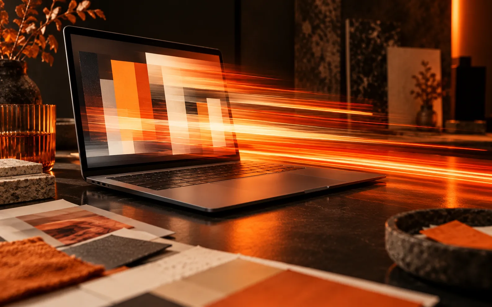 Laptop with orange motion streaks racing across the desk, representing website speed for SEO in Dubai