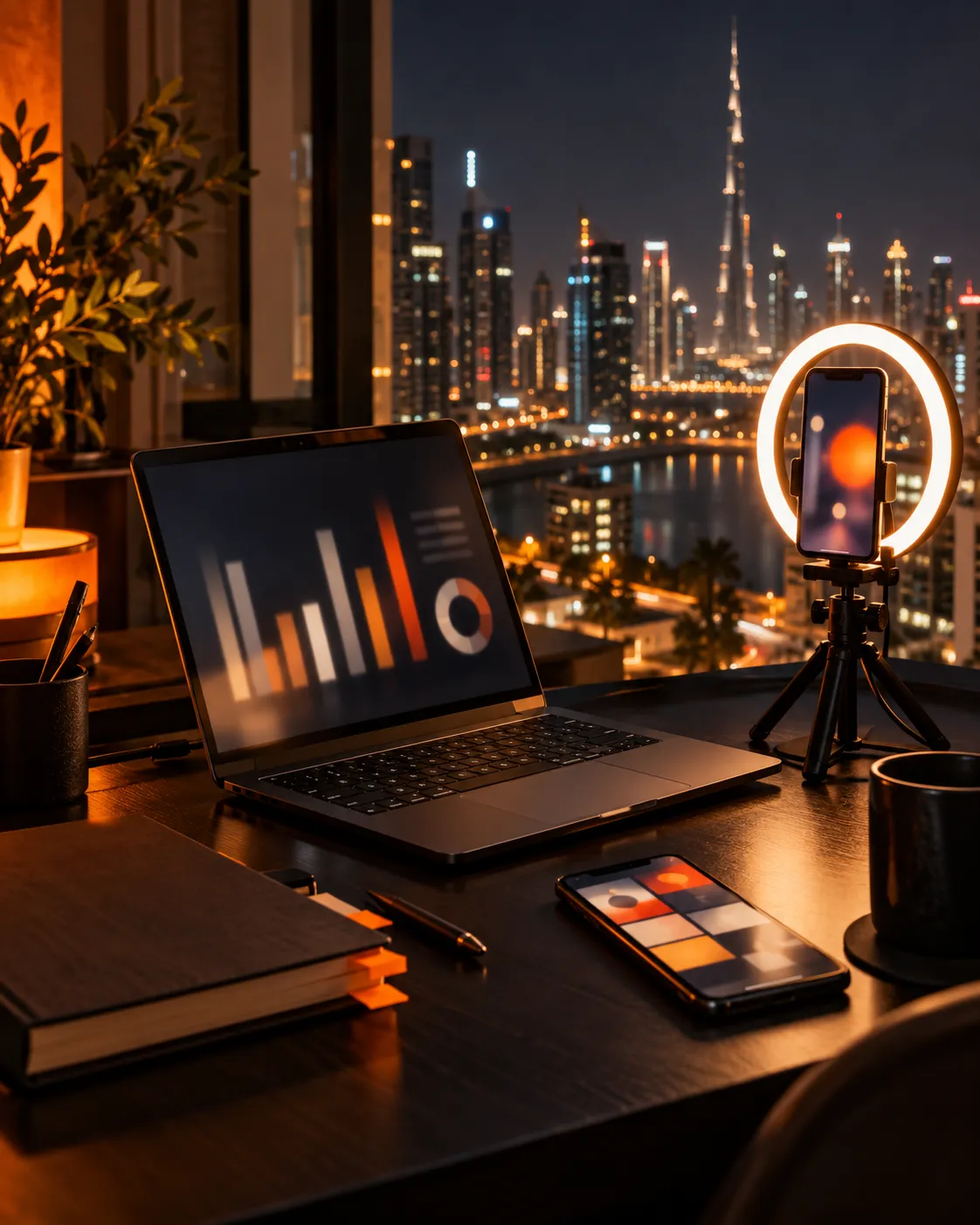 Digital marketing desk in Dubai at night: phone on a tripod with a ring light, analytics on a laptop, a social grid on screen